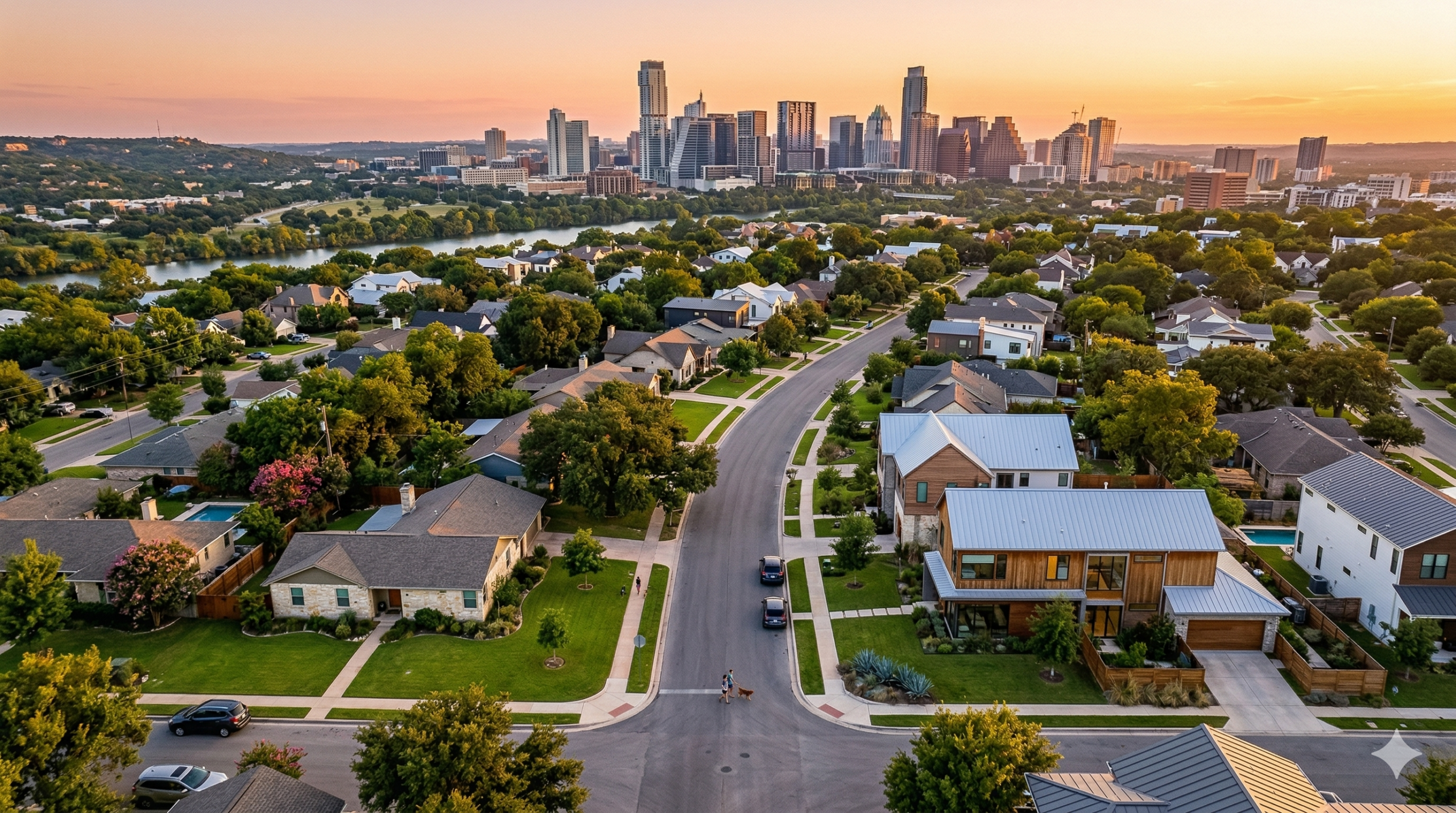 Aerial view of an Austin Texas residential neighborhood with the downtown skyline in the background at golden hour