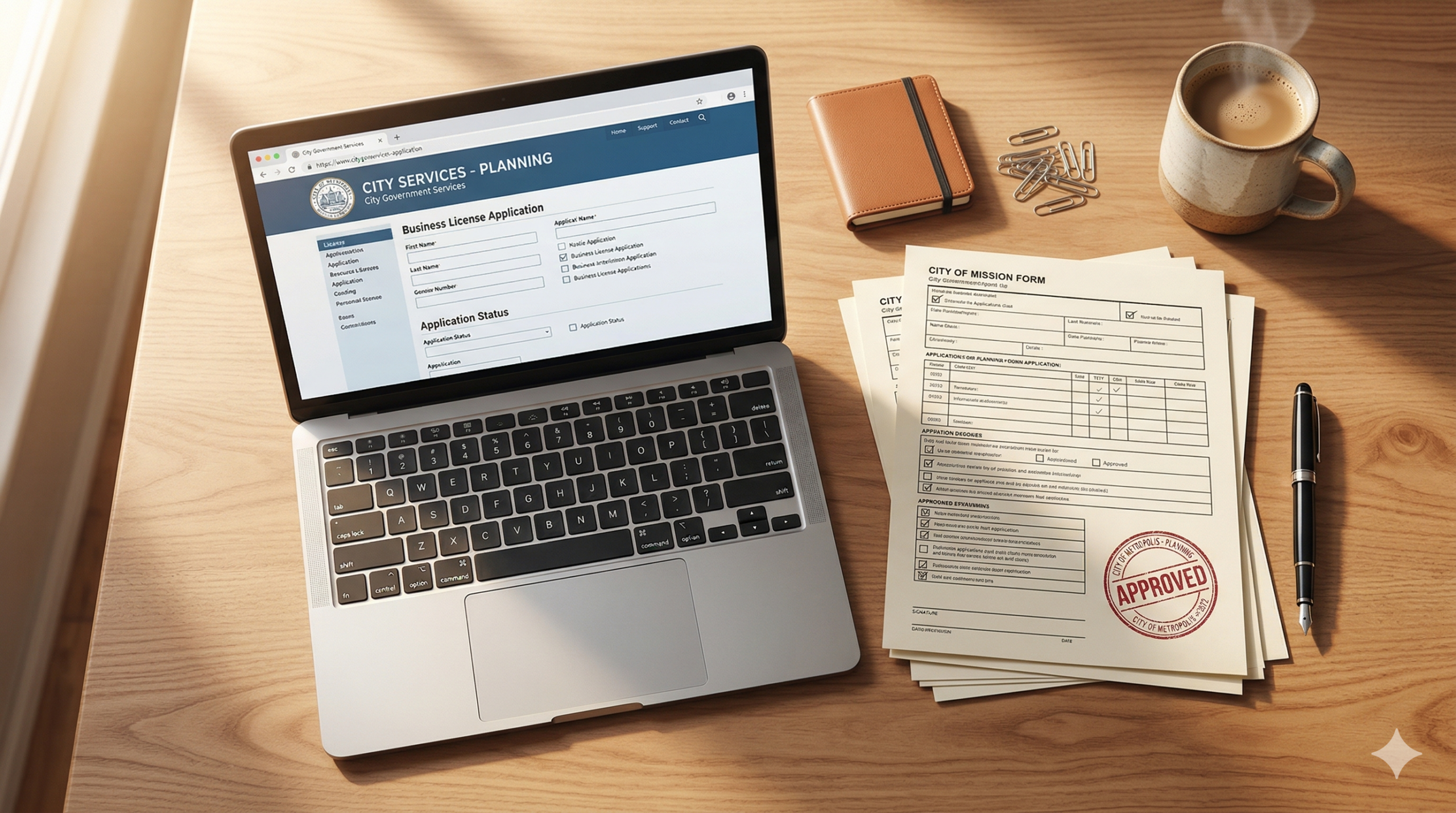 Professional desk scene with laptop showing a city services website and official documents with an approval stamp — representing the Austin STR license application process