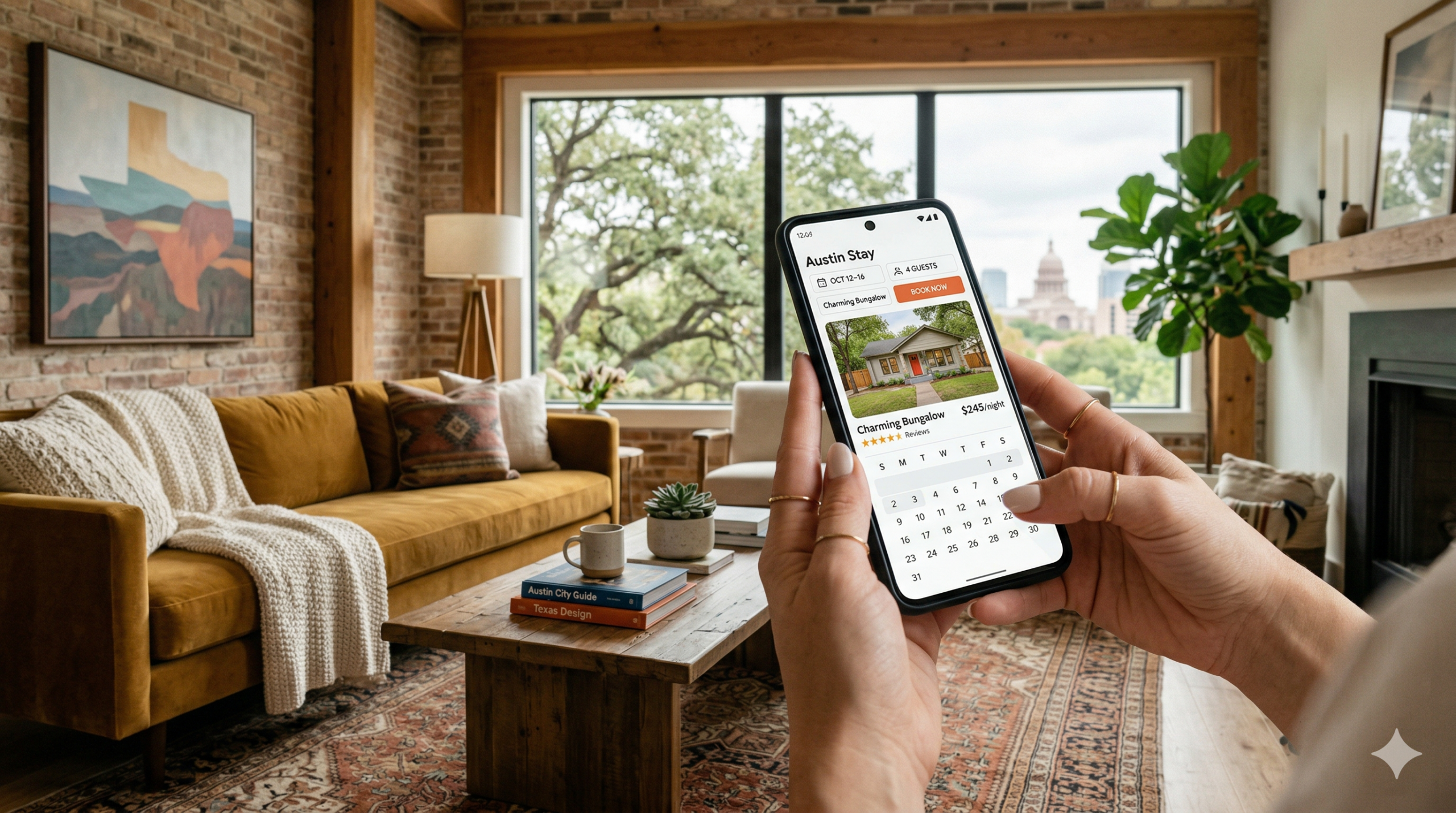 Person holding a smartphone displaying a vacation rental booking app in a beautifully decorated Austin Texas living room — representing platform compliance for STR operators